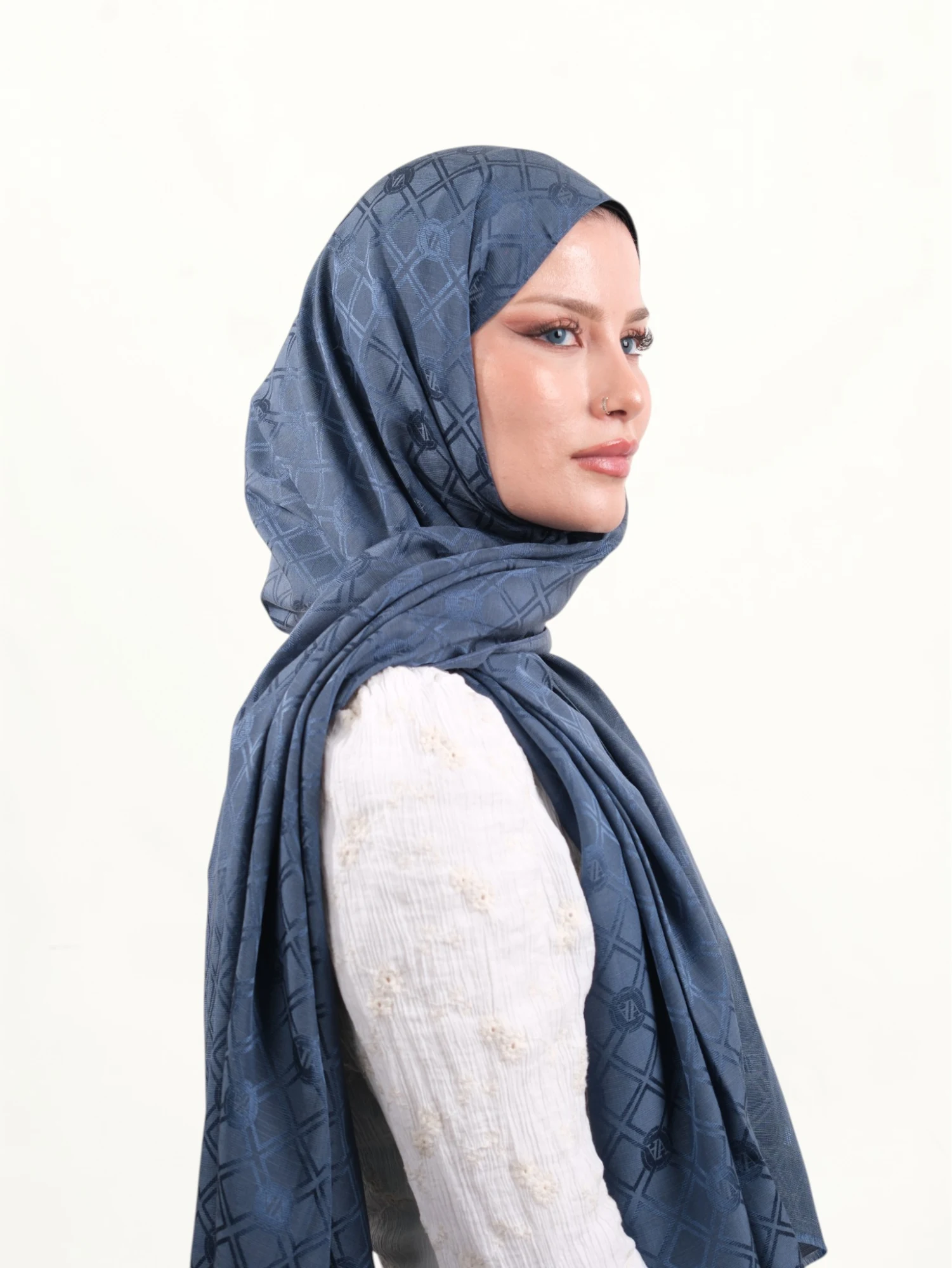 Armine Jakarlı İpek Pamuk Şal İndigo