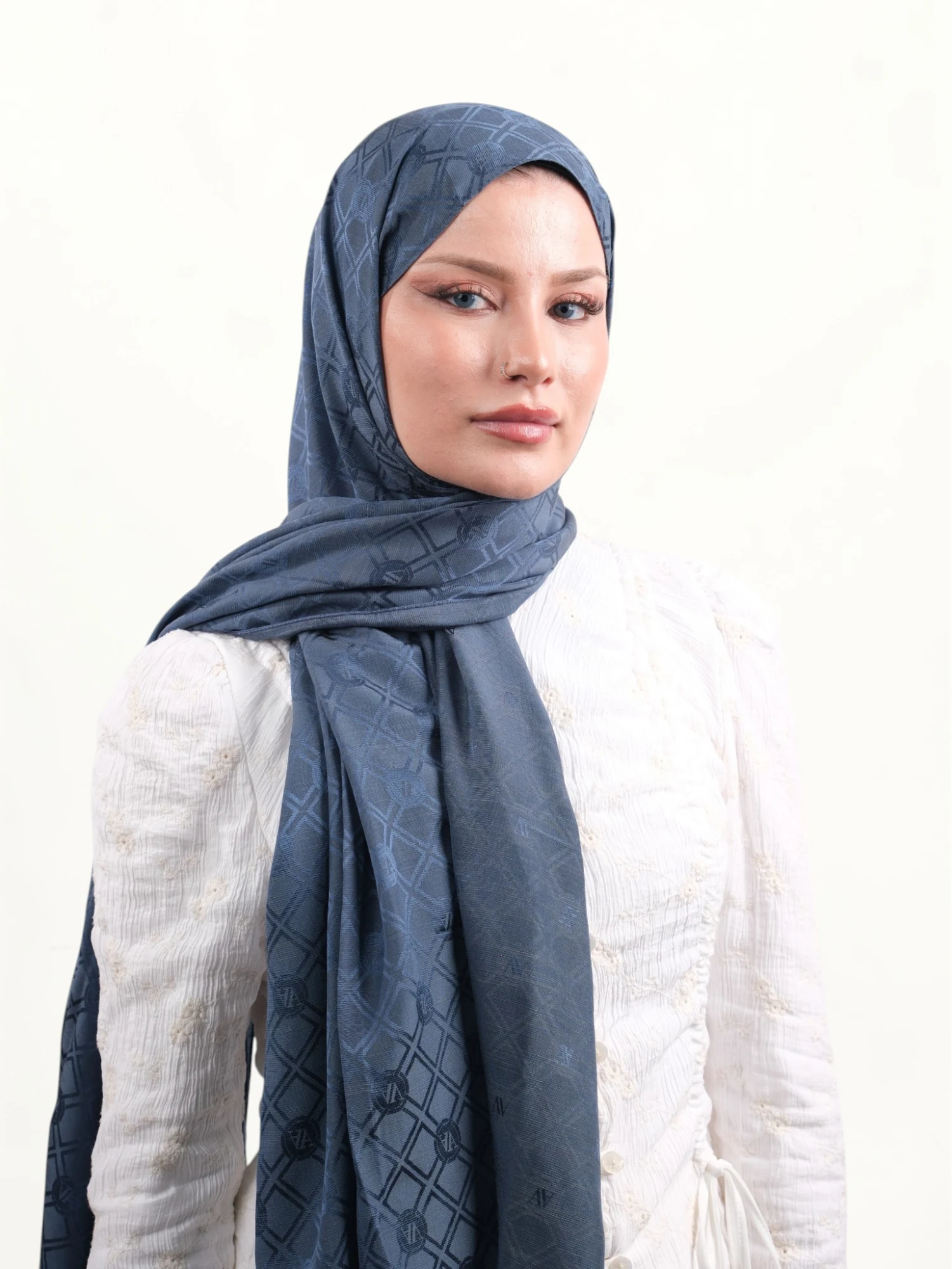 Armine Jakarlı İpek Pamuk Şal İndigo