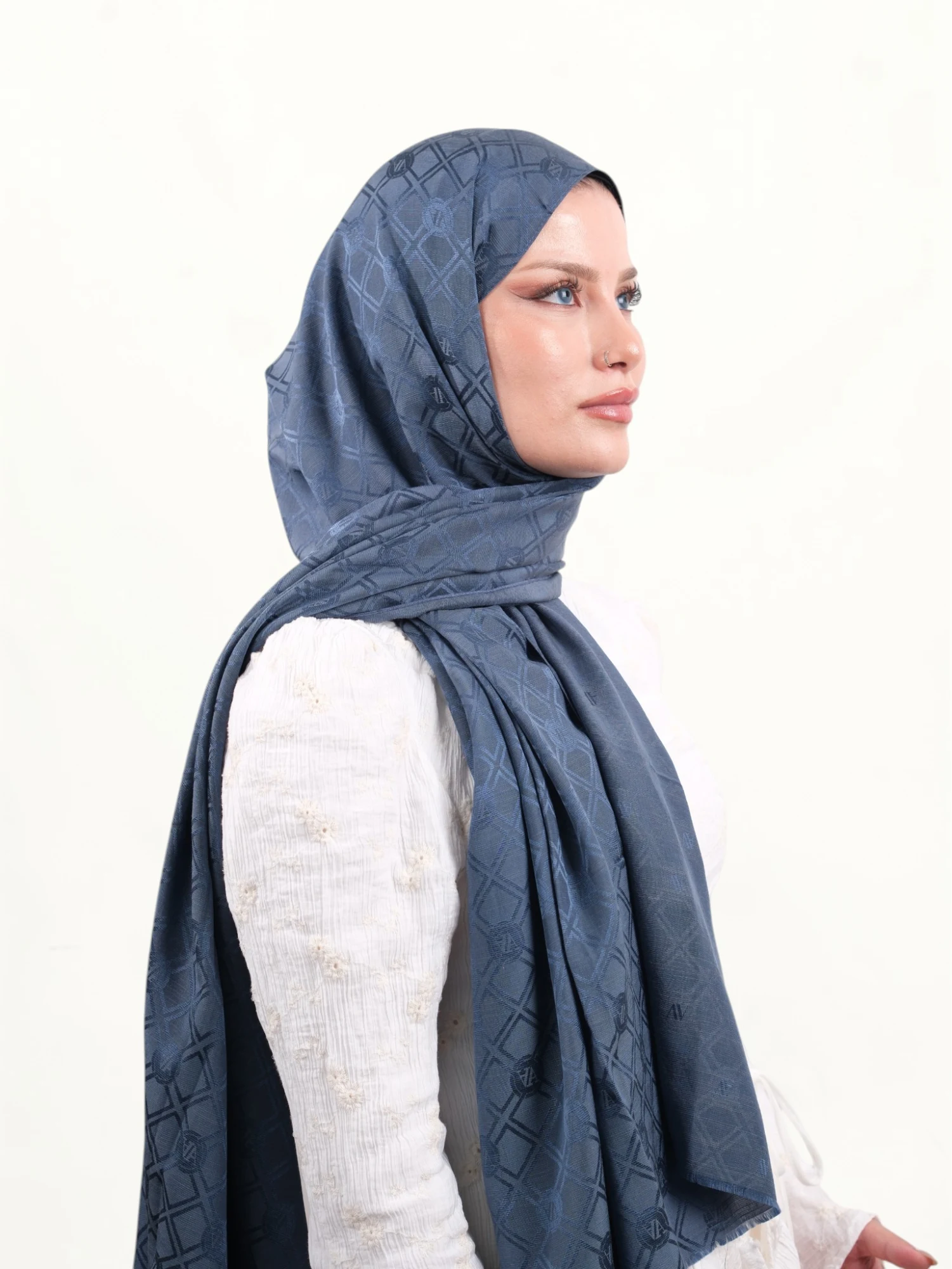 Armine Jakarlı İpek Pamuk Şal İndigo