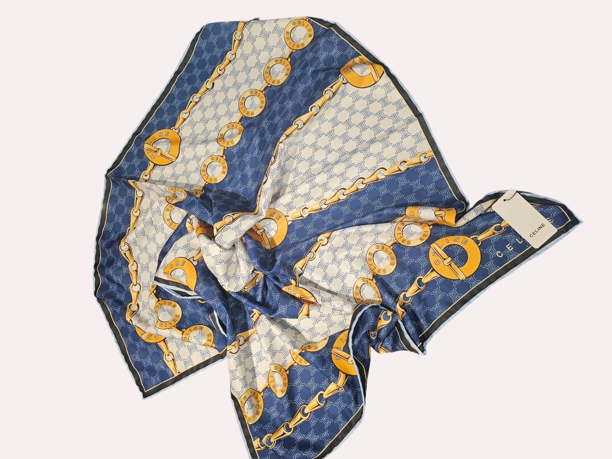 İthal İpek Twill Eşarp Mavi Gold - Görsel 2