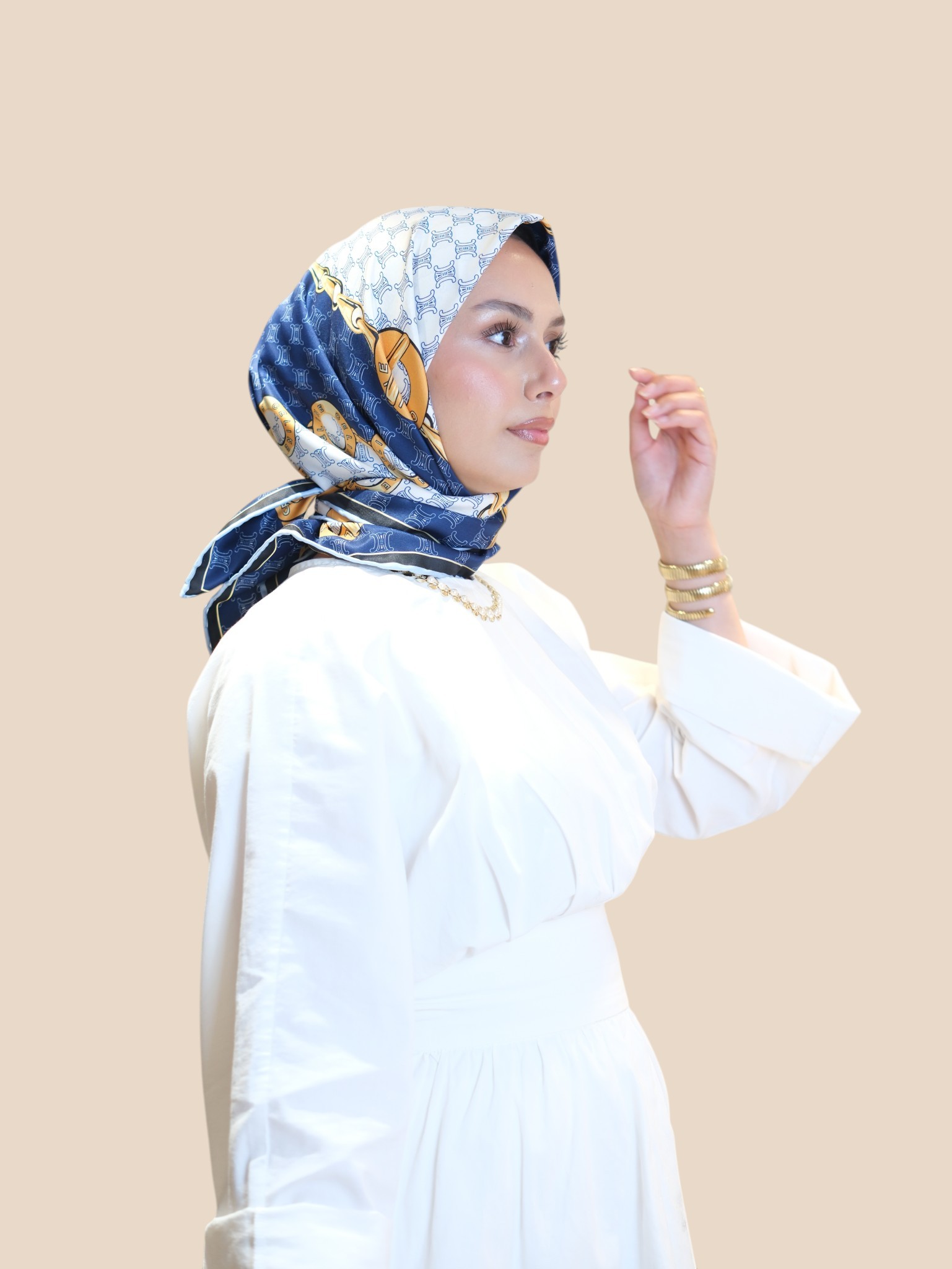 İthal İpek Twill Eşarp Mavi Gold - Görsel 4
