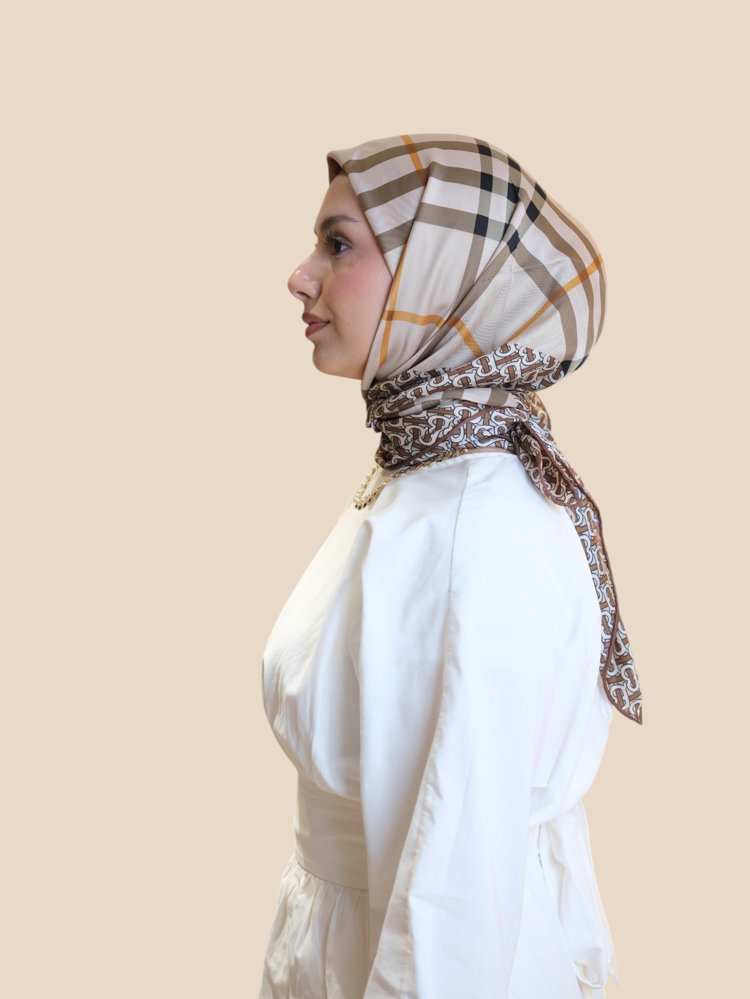 İthal İpek Twill Eşarp Bej Br - Görsel 4