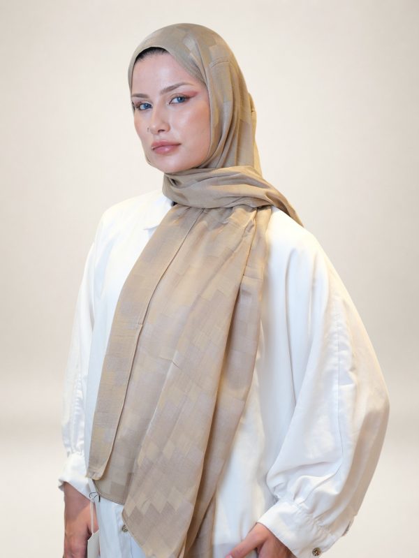 Fresh Scarfs Nori İpeksi Jakar Şal Vizon Dama Desen