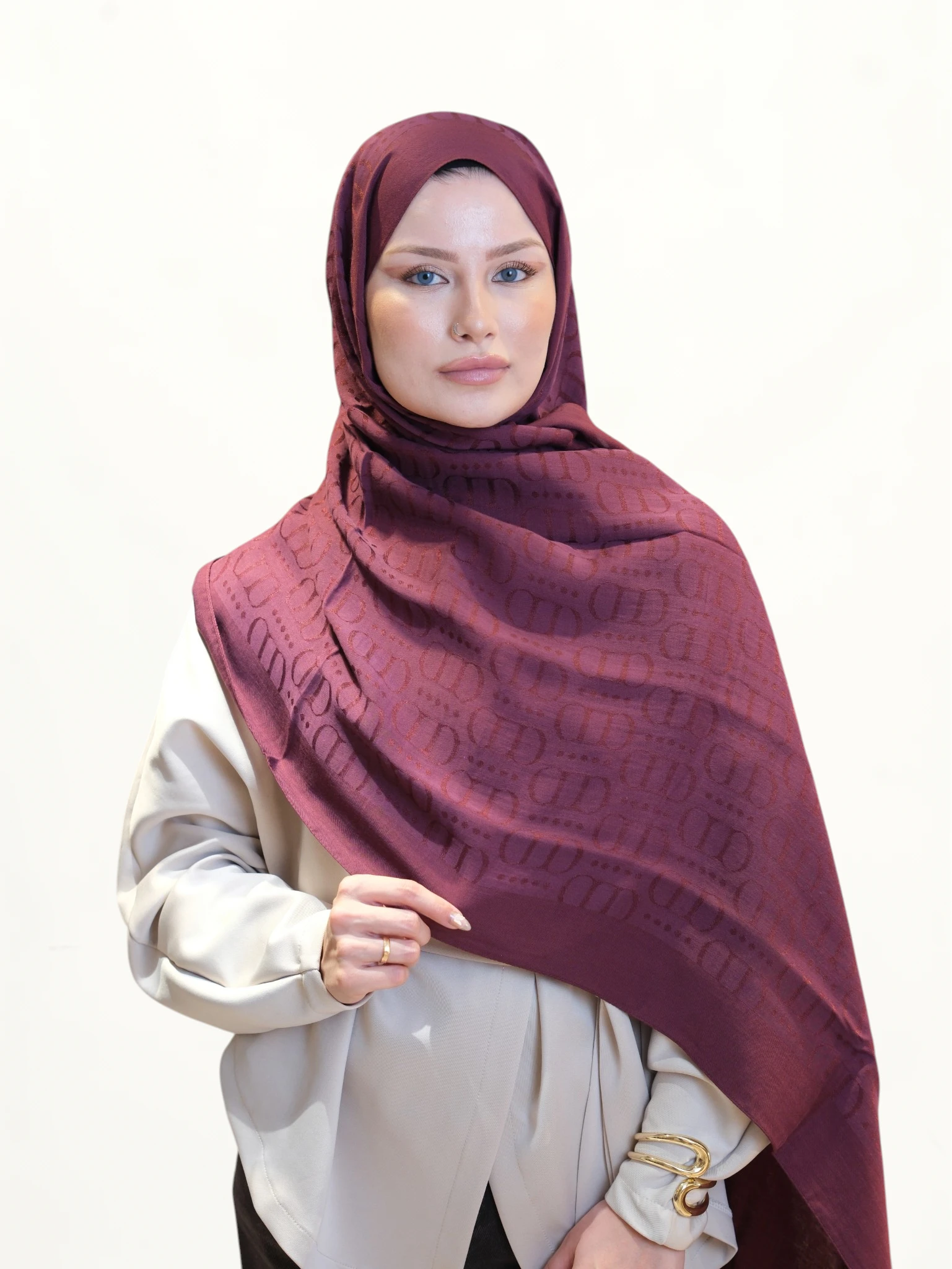 Carell Monogram Desen Pamuk Şal Cherry